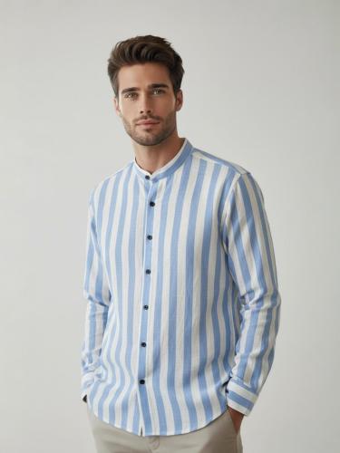 Camisa de Lino Rayado Cuello Mao M/larga - Miniatura 3