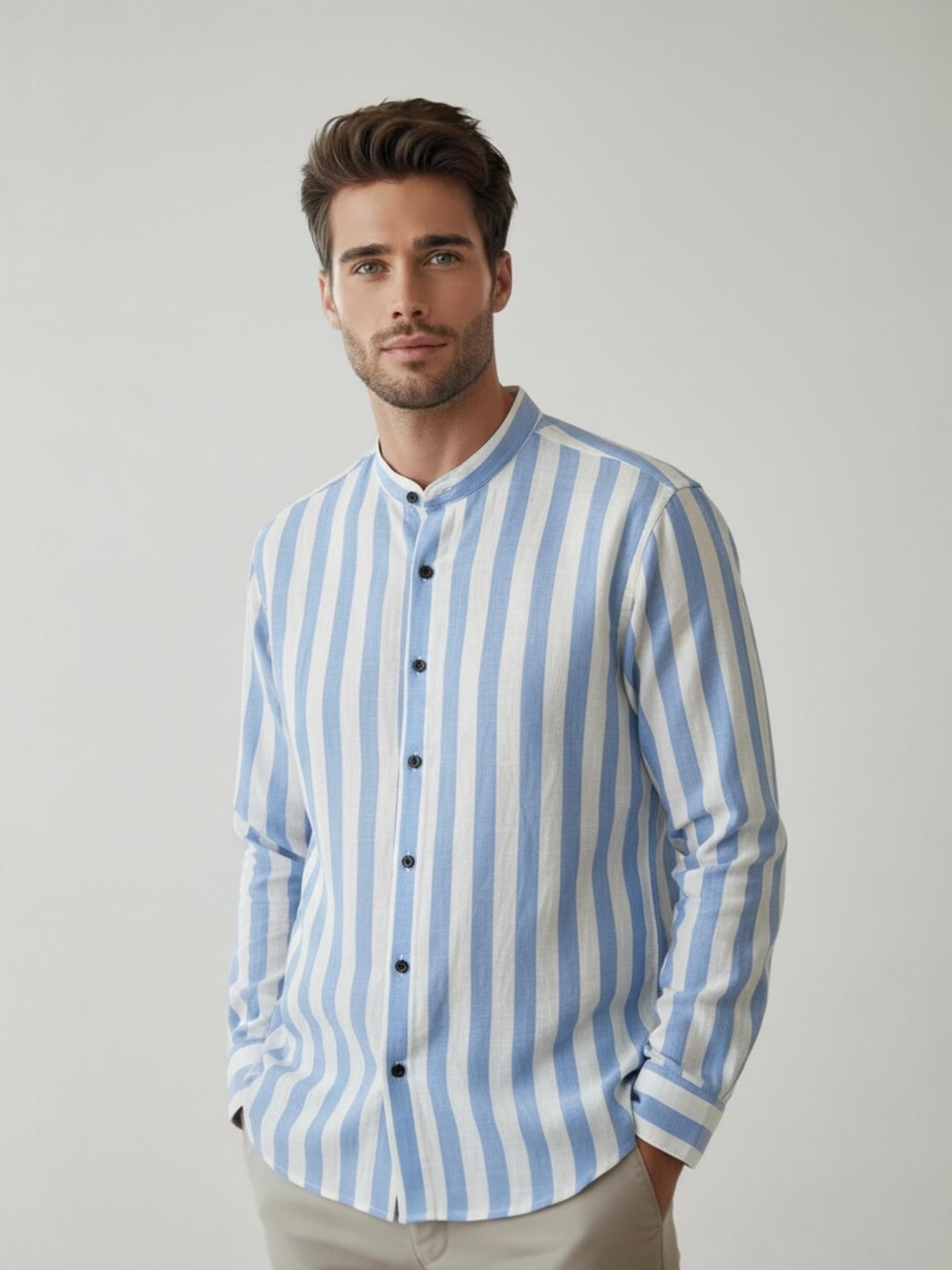 Camisa de Lino Rayado Cuello Mao M/larga - Imagen 3