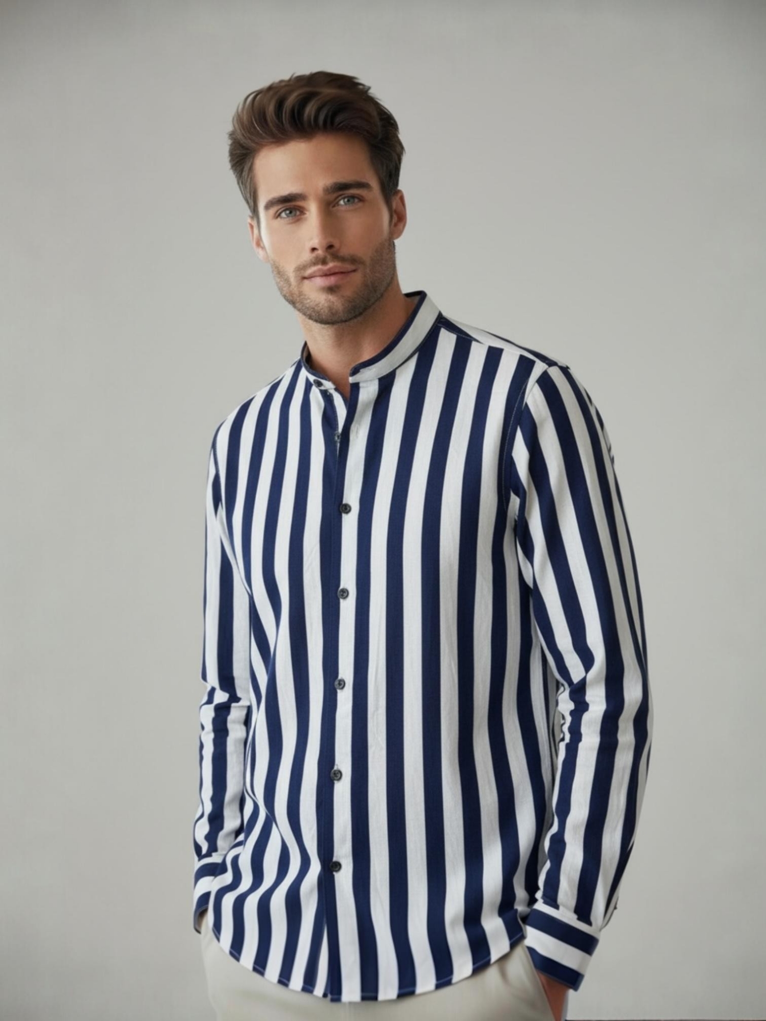 Camisa de Lino Rayado Cuello Mao M/larga - Imagen 4