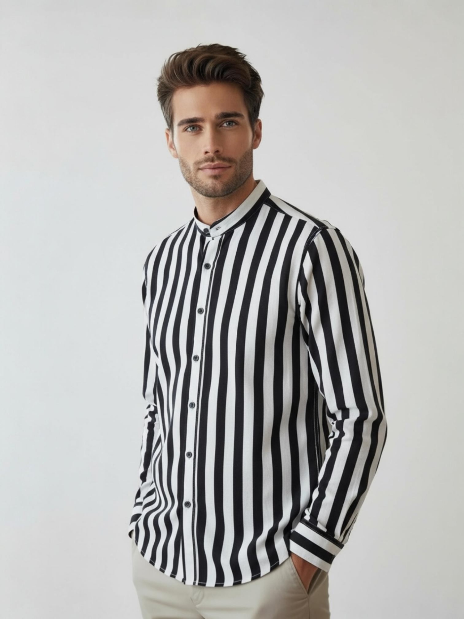 Camisa de Lino Rayado Cuello Mao M/larga - Imagen 6