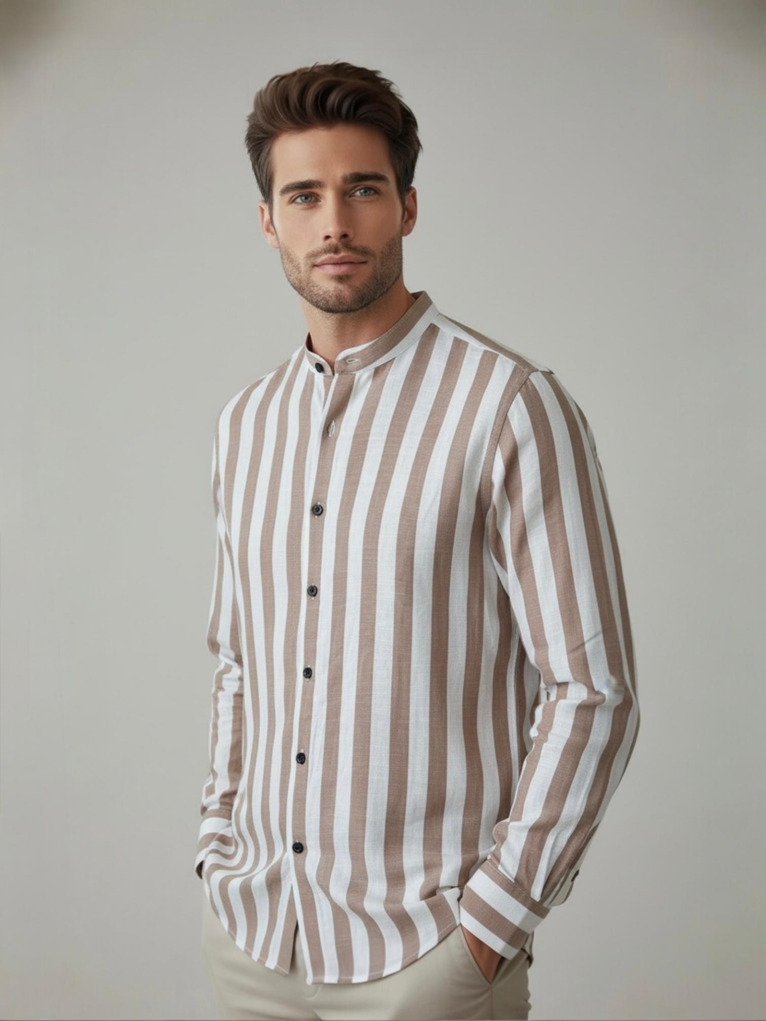 Camisa de Lino Rayado Cuello Mao M/larga - Imagen 7