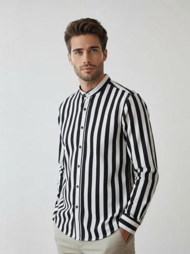 Camisa de Lino Rayado Cuello Mao M/larga - Miniatura 6