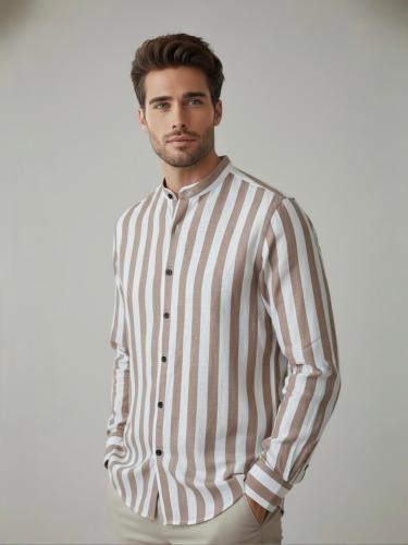 Camisa de Lino Rayado Cuello Mao M/larga - Miniatura 7