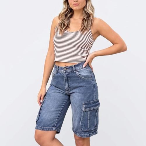 Bermuda Cargo Jeans Rígido Mujer