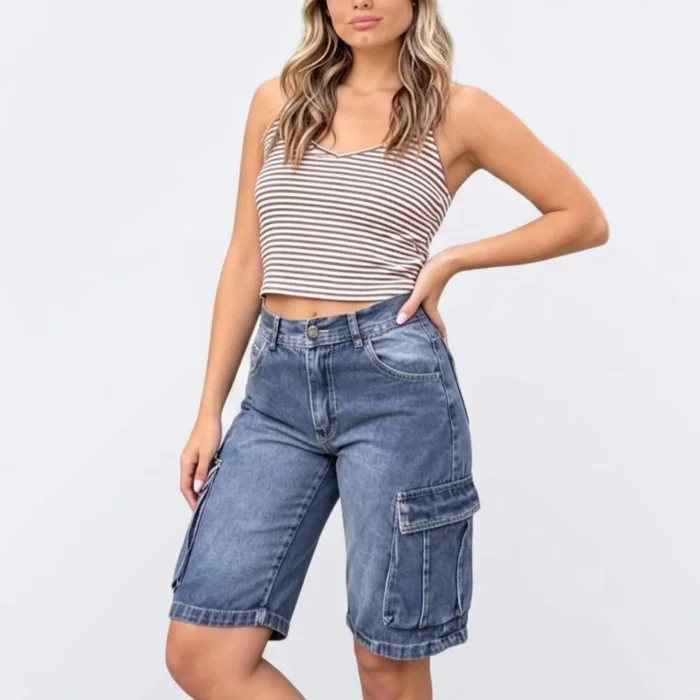 Bermuda Cargo Jeans Rígido Mujer