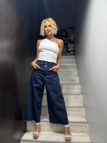 Jean Gina Ancho Gabardina Pinzado Azul