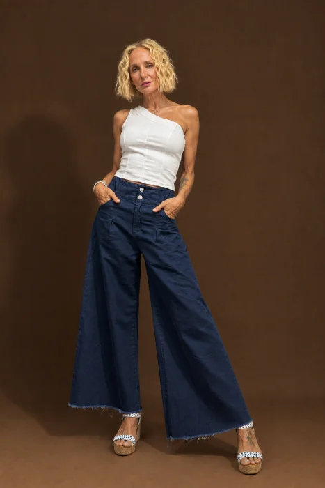 Jean Gina Ancho Gabardina Pinzado Azul