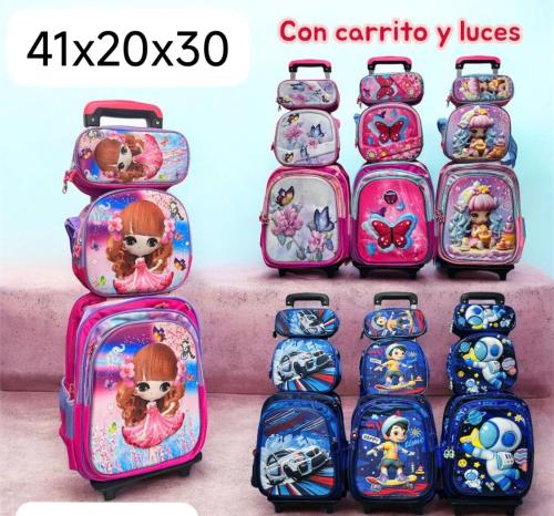 Mochilas  de Nena 3d  con Carrito, Luces y Juego de 3 Piezas