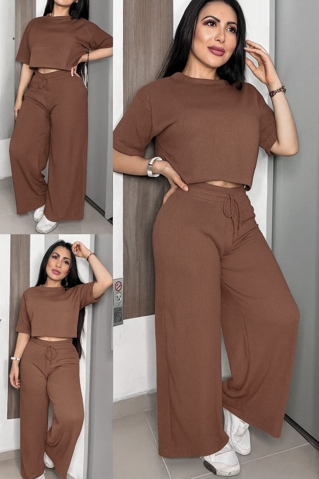 Conjunto Mujer Palazzo Wide Leg Morley Remera Crop Oversize Moda 2026 - Imagen 4