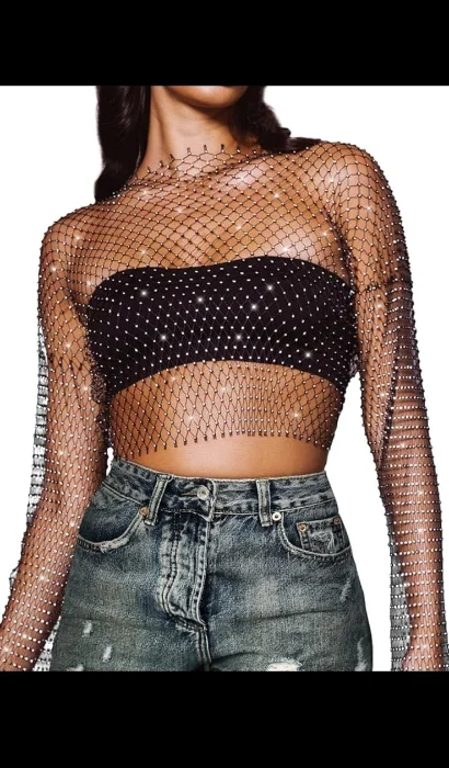 Remera Crop Top Red Strass Brillo Piedras Manga Larga Importadas