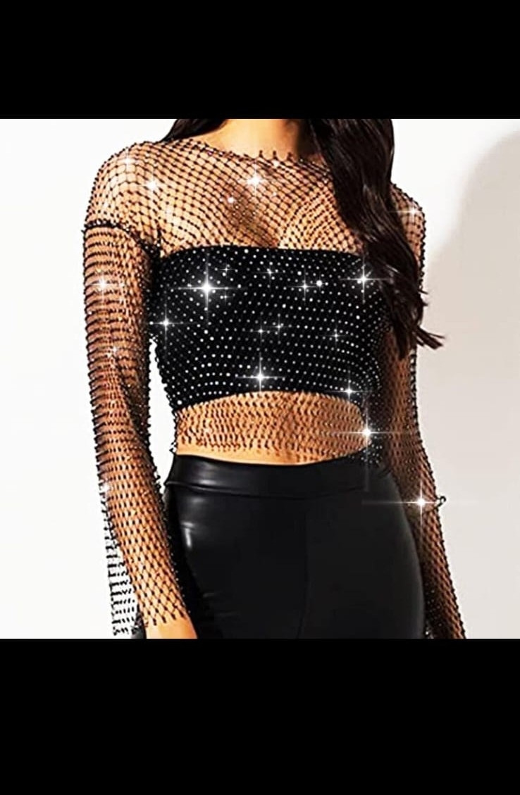 Remera Crop Top Red Strass Brillo Piedras Manga Larga Importadas - Imagen 3