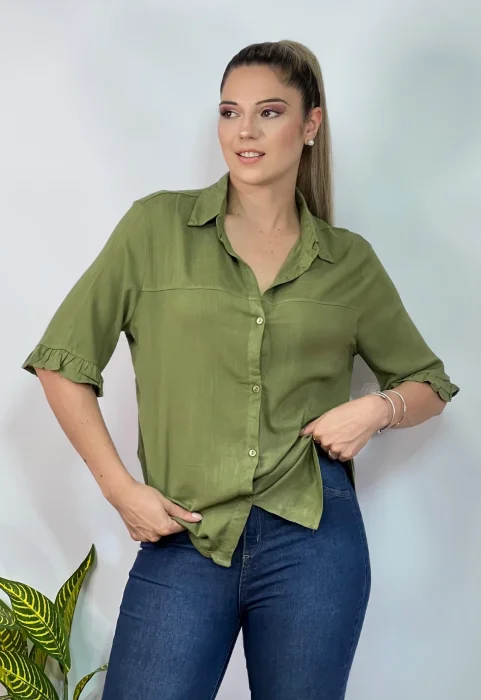 Camisa 3/4 con Volado  Lino Elastizdo