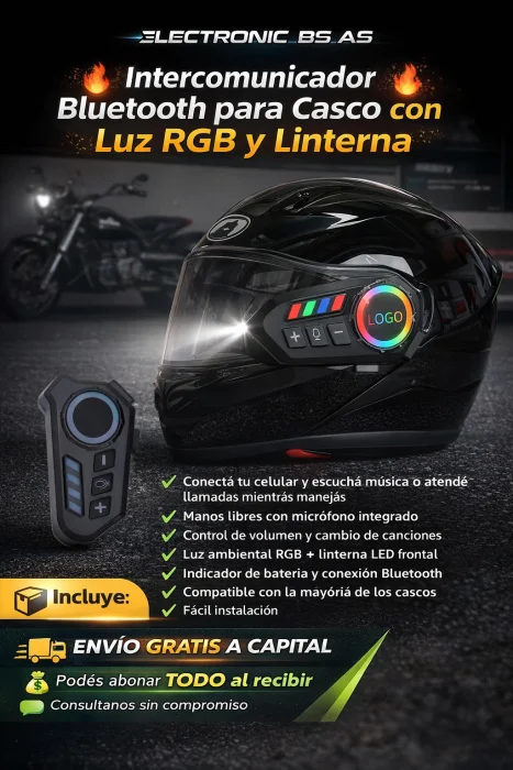 Intercomunicador Bluetooth para Casco con Luz Rgb y Linterna