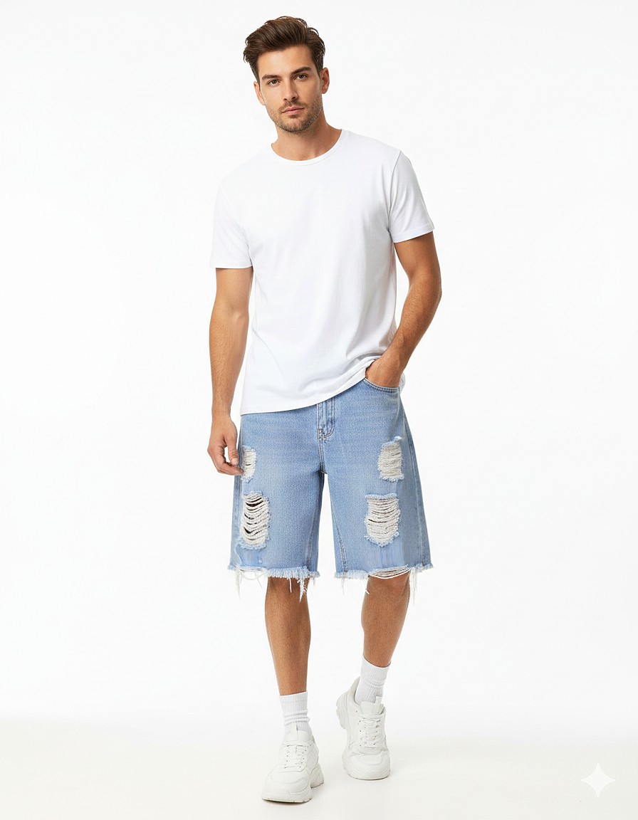 Bermuda Jean Mom Pantalon Corto Ancho Denim Roturas Flecos Mayoristas Hotsale Shorts - Imagen 4