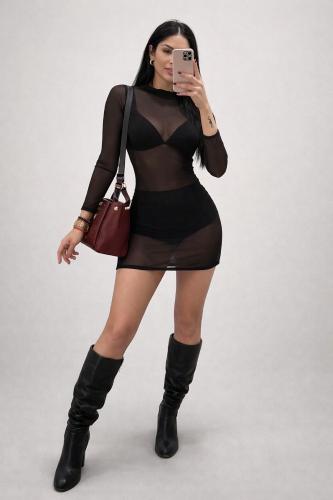 Vestido Tul Corto Manga Larga Nueva Temporada - Miniatura 2