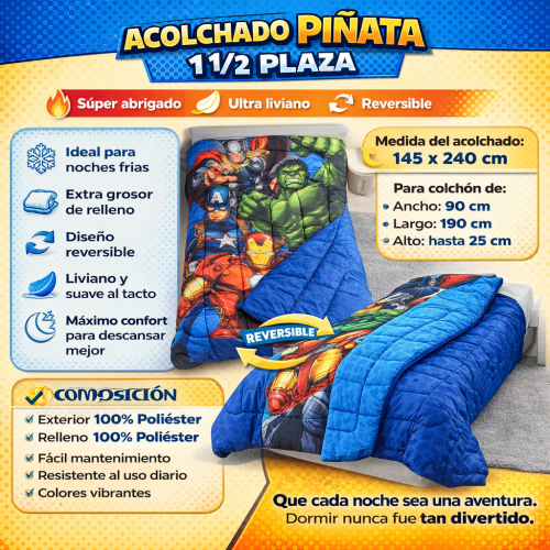 Acolchado Reversible Piñata Avengers 1 Plaza 155x240 Licencia Oficial - Miniatura 3