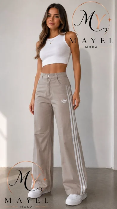 Wide Leg con Líneas y Corona Bordado