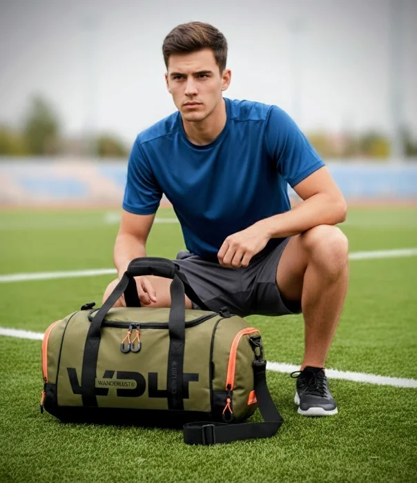 Bolso Deportivo Active,  Verde Militar Detalle Naranja