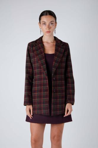 Blazer de Paño Cuadrillé Forrado con Hombreras, Recorte y Bolsillos
