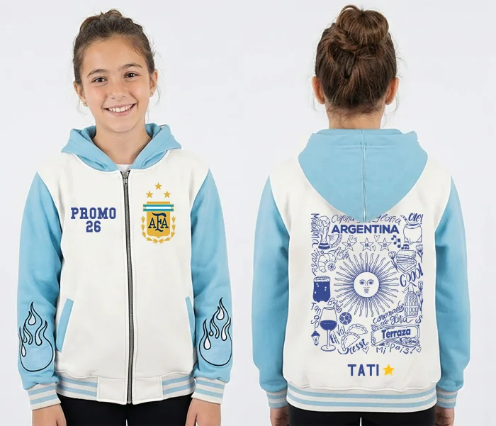 Campera Universitaria Modelo Argentina Blanca Mangas Celestes Promo 2026