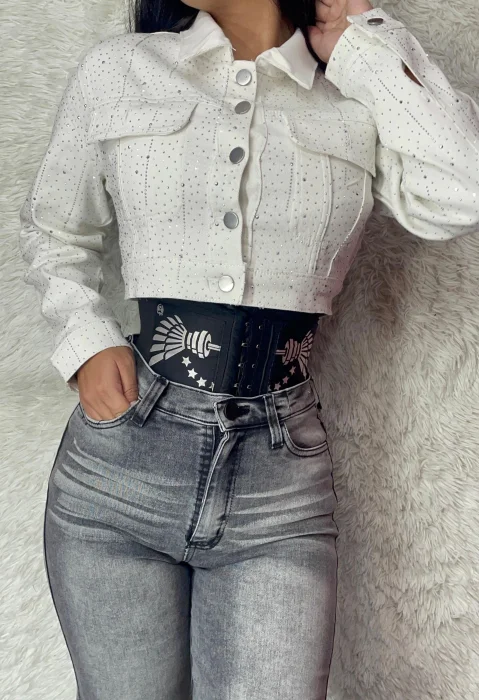 Campera de Jeans de Dama con Piedreria y Boton