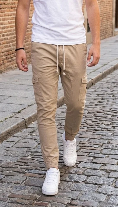 Pantalón Gabardina Jogger Cargo Beige Talle Media Oferta