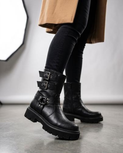 Bota Caña Media Mujer Tachas Hebillas Cuero Eco