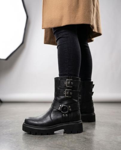 Bota Caña Media Mujer Tachas Hebillas Cuero Eco - Miniatura 2