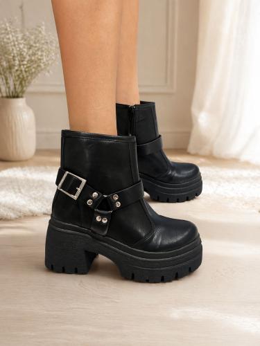 Bota Mujer Mosquera Negra Suela Gruesa Taco Cuadrado Invierno - Miniatura 4