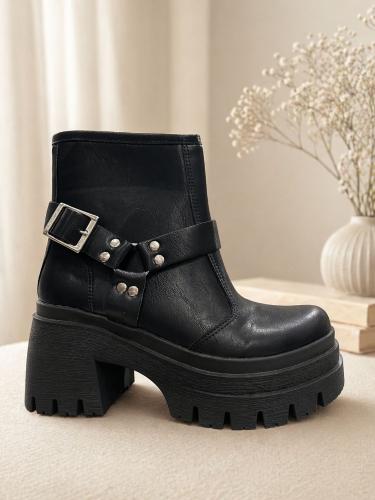 Bota Corta Mujer Estilo Biker Taco Bloque Cierre Lateral Negra