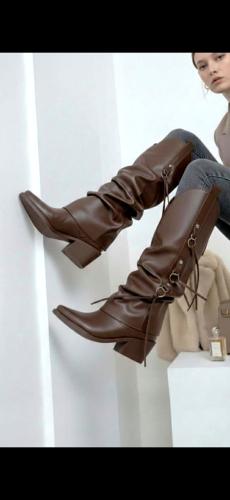 Bota Texana Mujer Caña Alta Fruncida Argollas Flecos Negra Taco Western