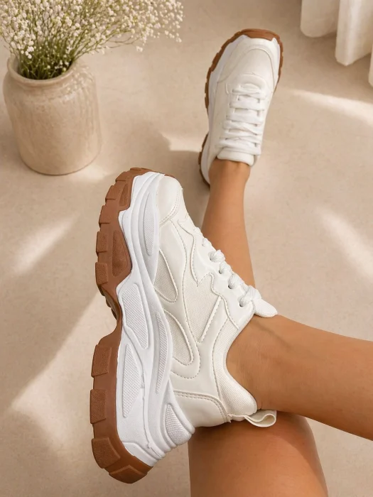 Zapatilla Mujer Blanca Plataforma Gruesa Suela Natural Moda Urbana