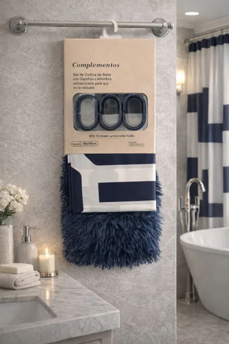Set Baño  Cortina  + Ganchos + Alfombra Premium