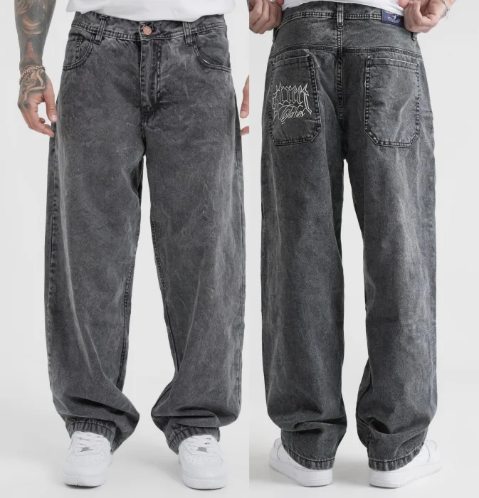 Pantalón Baggy Bordado - Gris Matizado