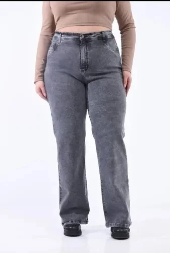 Jeans Wide Leg Elastizado Talle Especial Gris Arenado