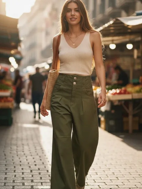 Jean Gina Ancho Gabardina Pinzado Verde