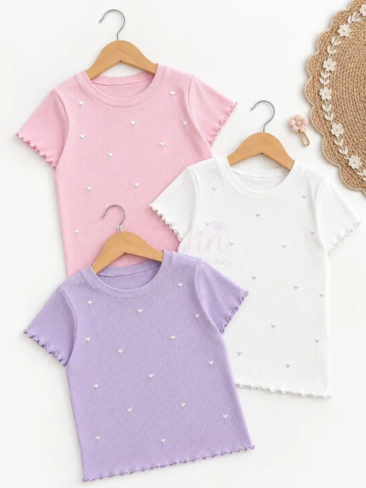 Remera con Straz Corazones Nena Material Morley Imp. Elastizado