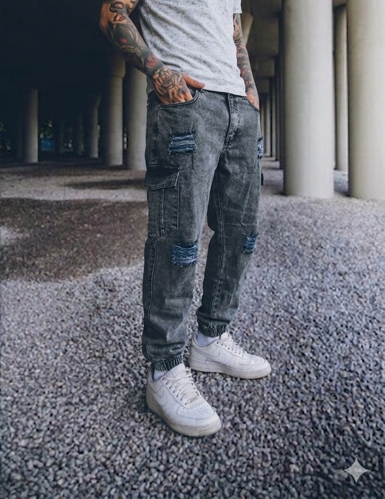 Pantalón Moom Jogger Cargo Gris Matiz Lila - Roto / Liso - Imagen 1