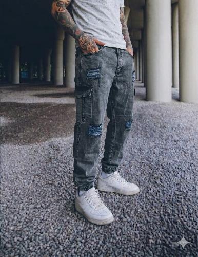 Pantalón Moom Jogger Cargo Gris Matiz Lila - Roto / Liso