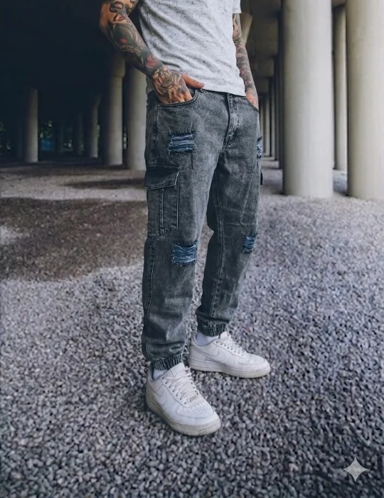 Pantalón Moom Jogger Cargo Gris Matiz Lila - Roto / Liso