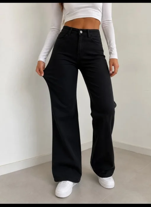 Wide Leg Elastizado Negro Liso