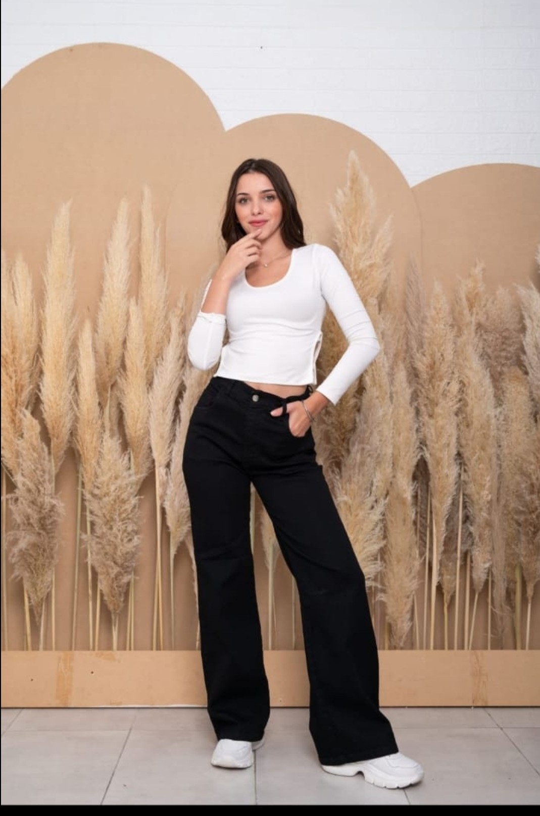 Wide Leg Elastizado Negro Liso - Imagen 3