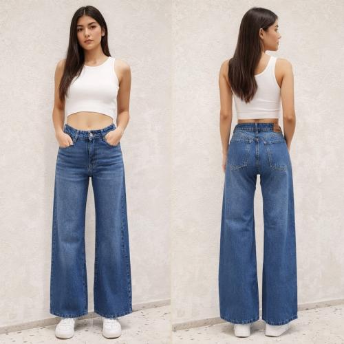 Wide Leg Azul Localizado Suave con Bigotes