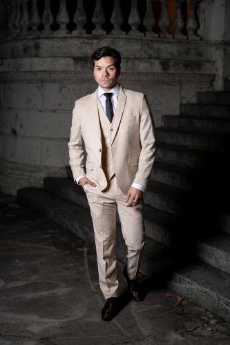 Traje de 3 Piezas Beige a Cuadros