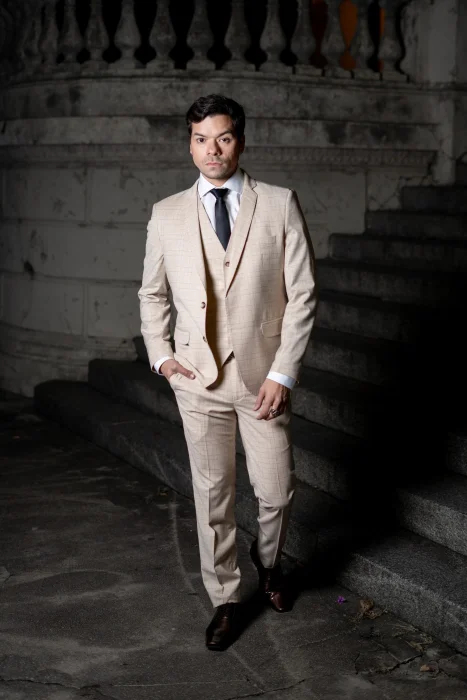 Traje de Hombre 3 Piezas Beige a Cuadros