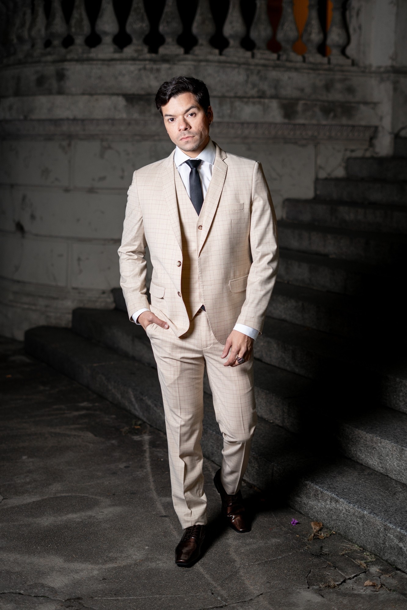 Traje de Hombre 3 Piezas Beige a Cuadros - Imagen 3