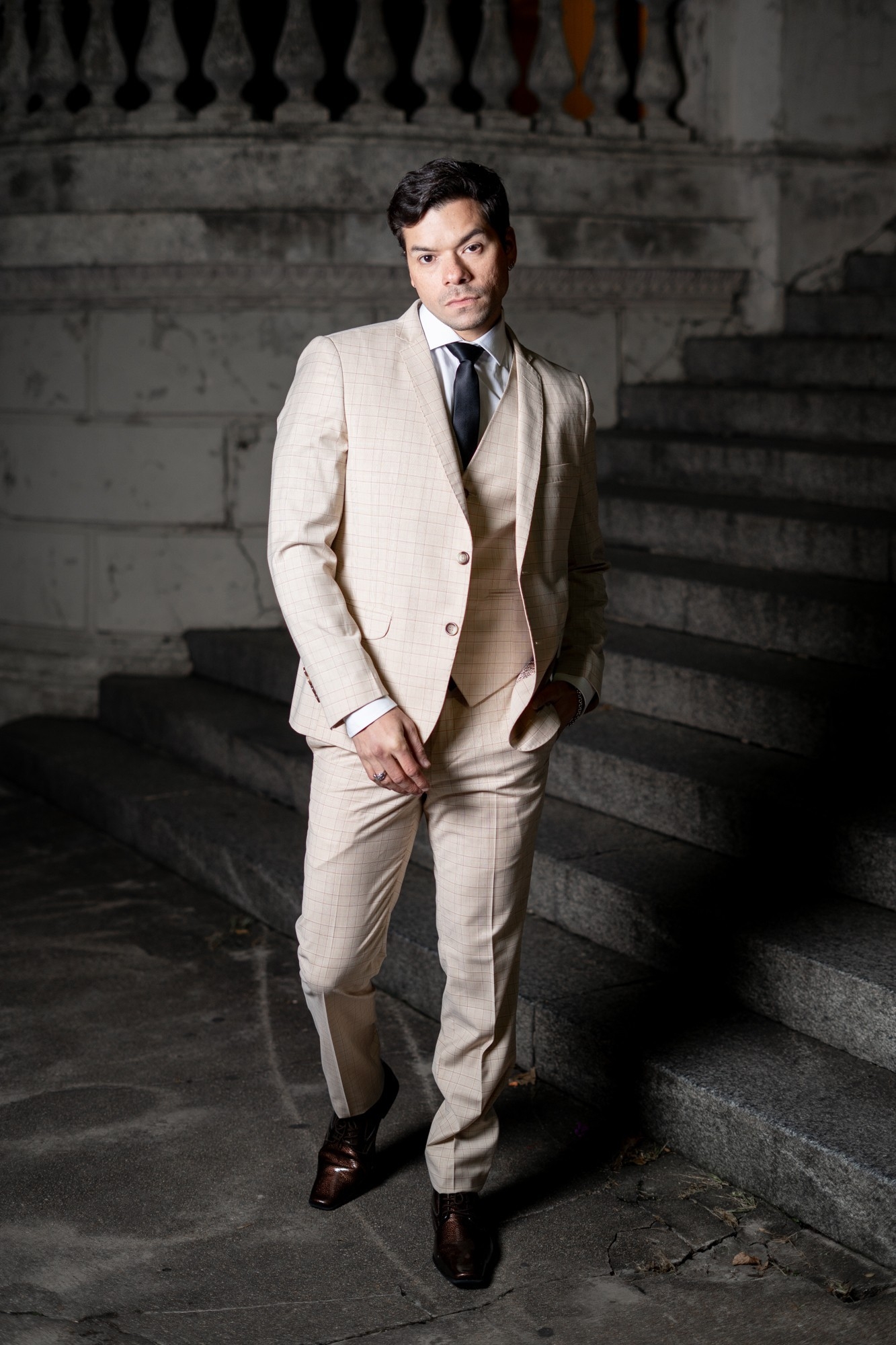 Traje de Hombre 3 Piezas Beige a Cuadros - Imagen 5