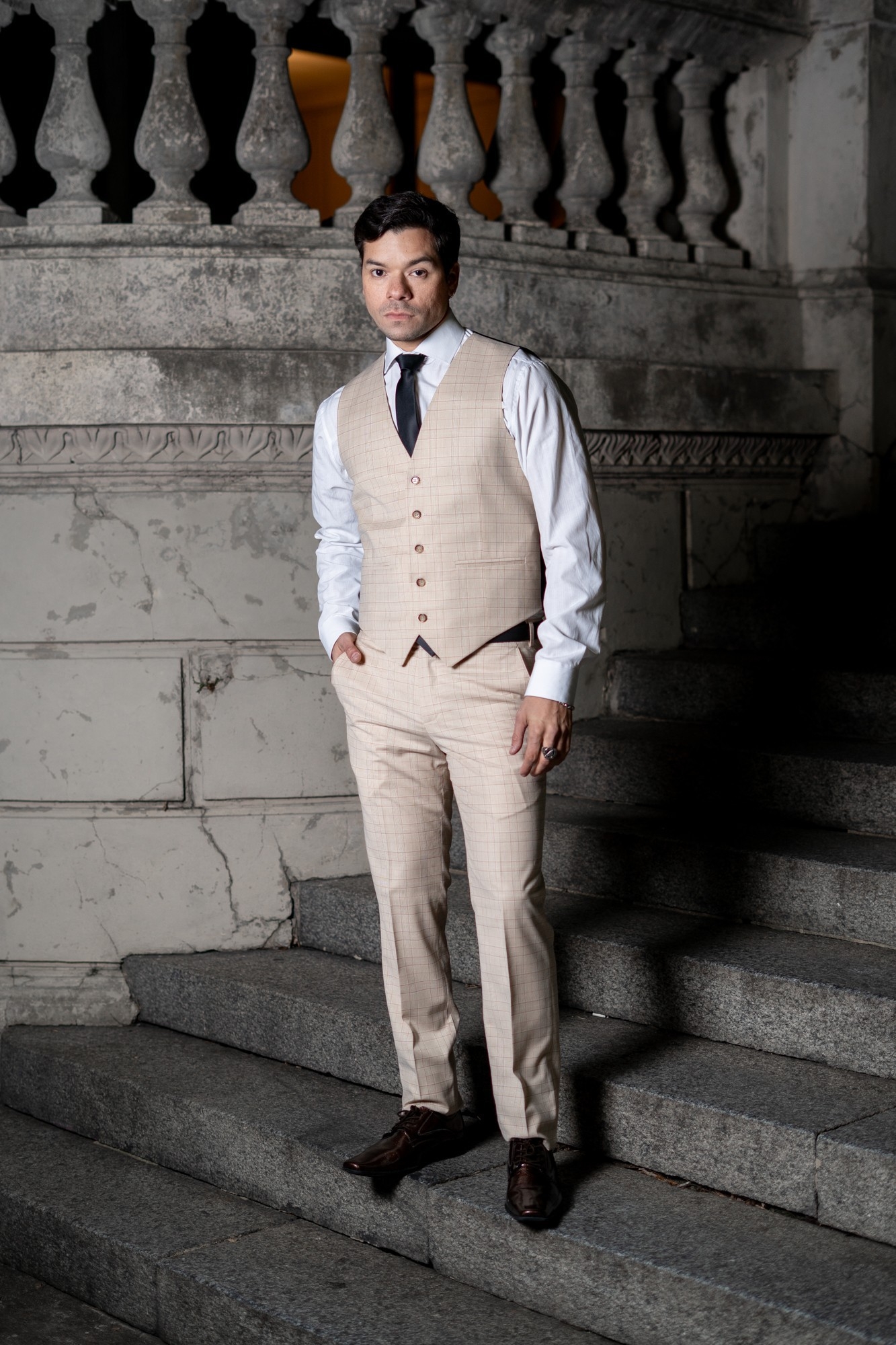Traje de Hombre 3 Piezas Beige a Cuadros - Imagen 7