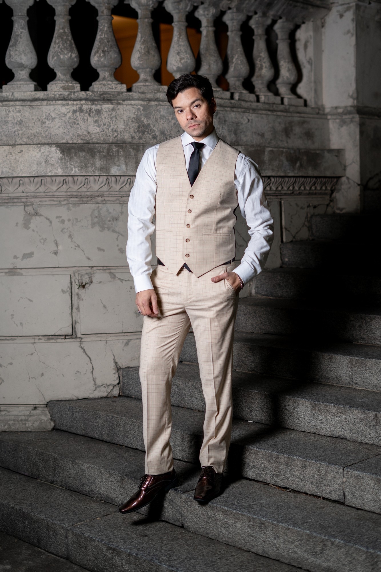 Traje de Hombre 3 Piezas Beige a Cuadros - Imagen 8