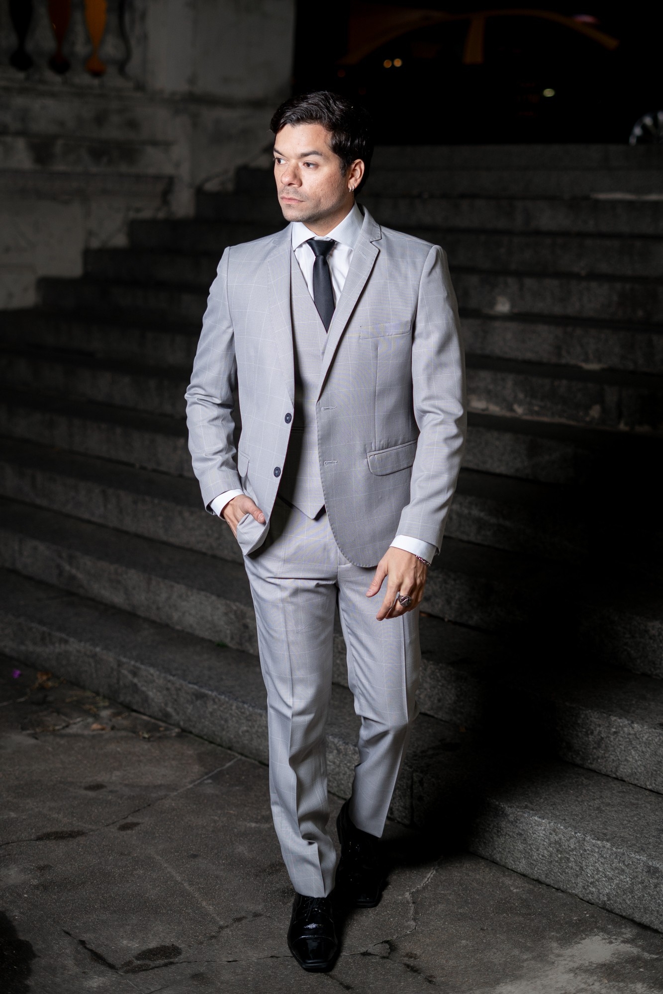 Traje de Hombre  3 Piezas Gris Claro a Cuadros - Imagen 4